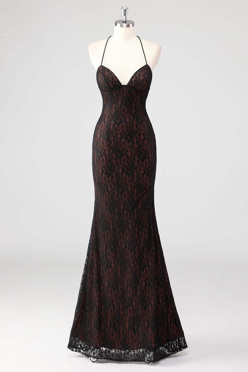 Leely Women Black Corset Mermaid Lace Applique Formal Dress Halter Maxi Backless Wedding Guest Dress