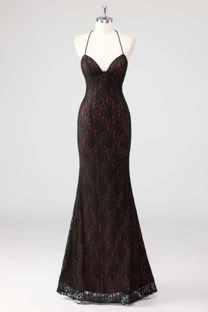 Leely Women Black Corset Mermaid Lace Applique Formal Dress Halter Maxi Backless Wedding Guest Dress