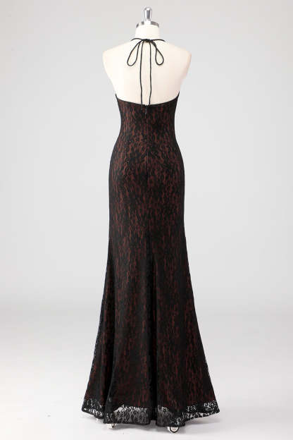 Black Corset Mermaid Halter Lace Applique Formal Dress