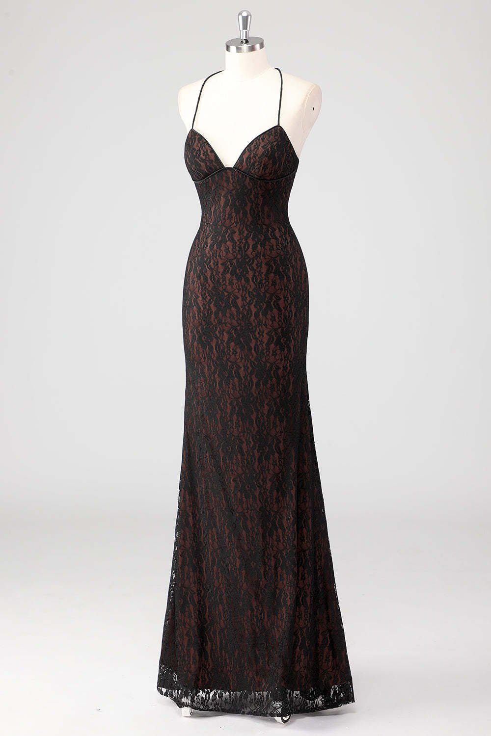 Black Corset Mermaid Halter Lace Applique Formal Dress