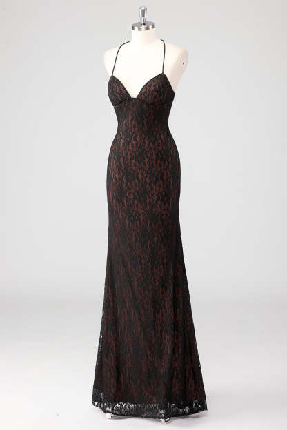 Black Corset Mermaid Halter Lace Applique Formal Dress