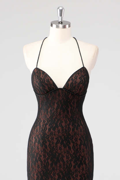 Black Corset Mermaid Halter Lace Applique Formal Dress