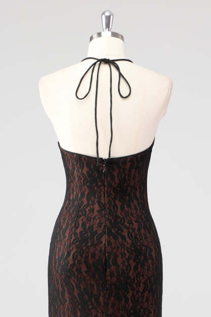 Black Corset Mermaid Halter Lace Applique Formal Dress