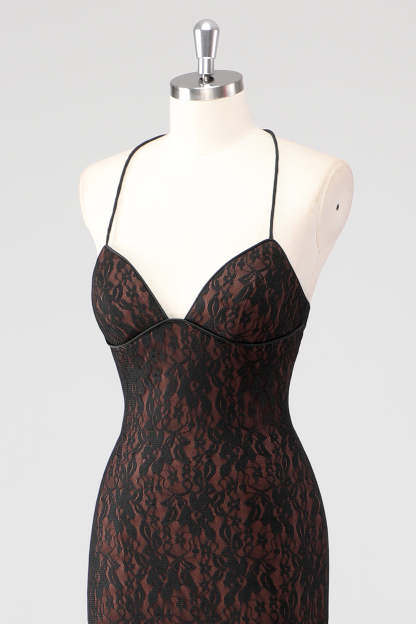 Black Corset Mermaid Halter Lace Applique Formal Dress