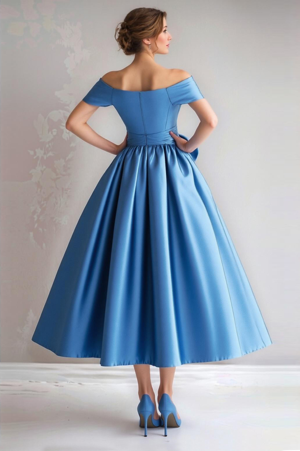 Blue Satin A-Line Off the Shoulder Mother of the Bride Dress with Bow