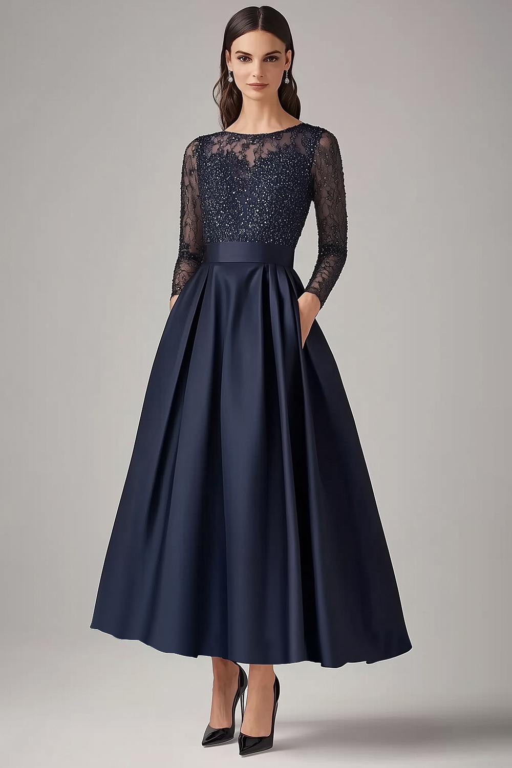 Navy A-Line Lace Overlay Mother of the Bride Dress with Pockets