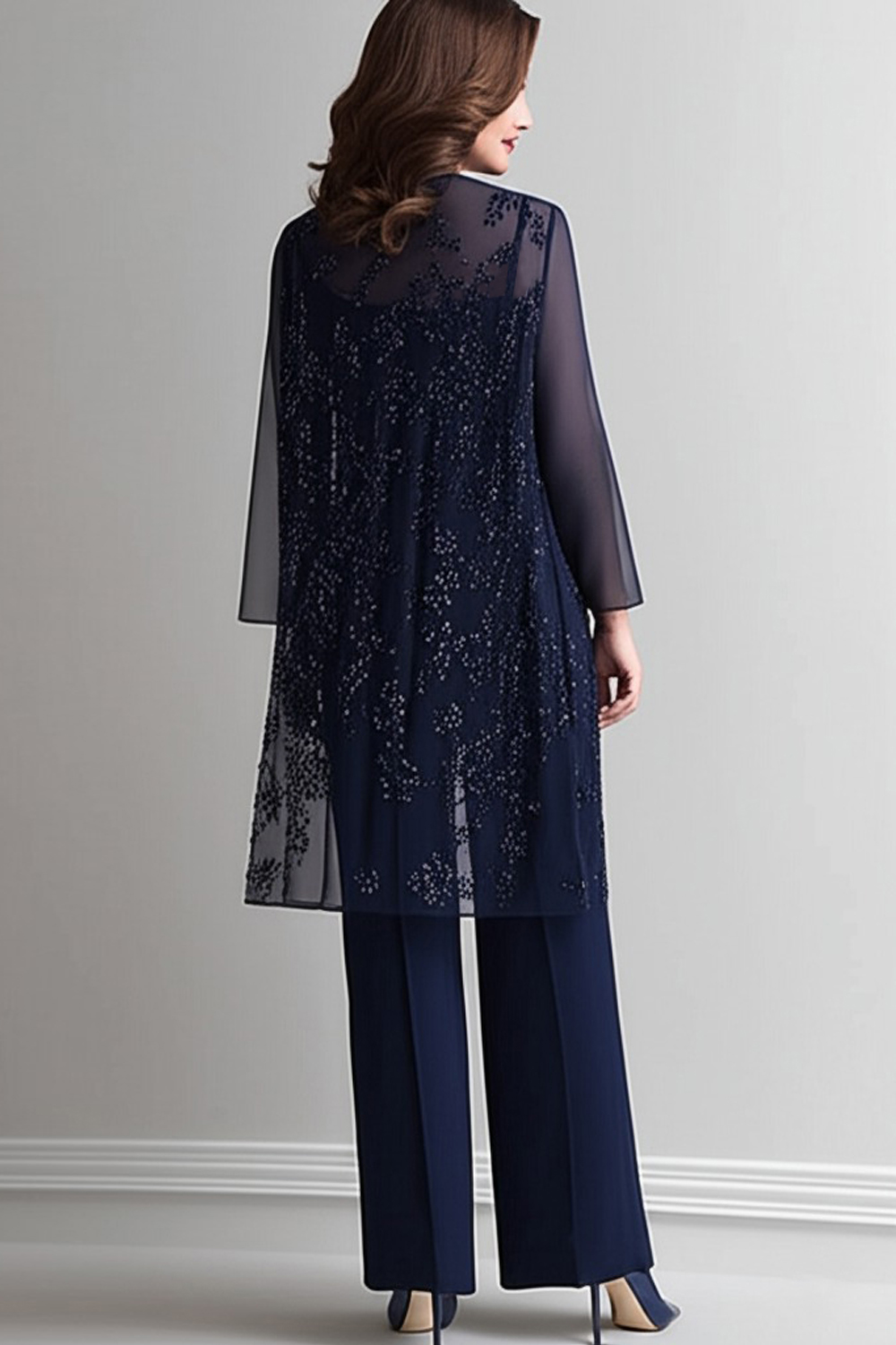 Navy Chiffon Mother of the Bride Jumpsuit with Midi Sequined Jacket