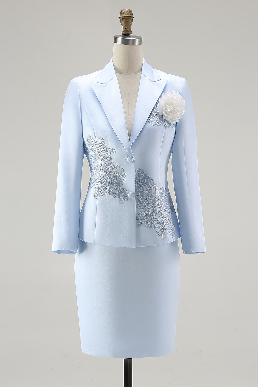 Satin Blue 2 Pieces Midi Mother of the Bride Dress Suit with Embroidery