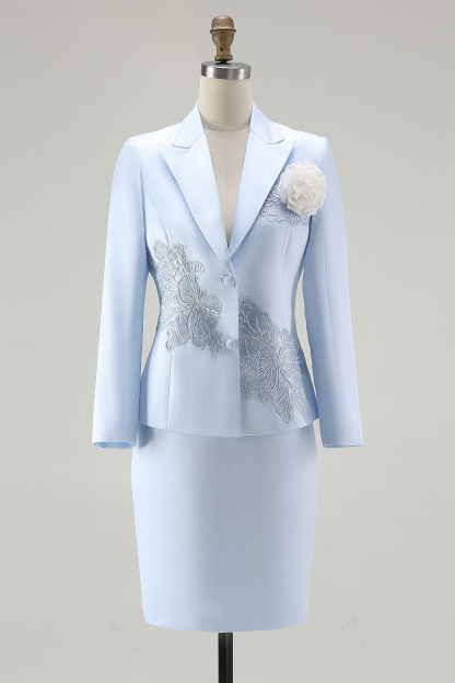 Satin Blue 2 Pieces Midi Mother of the Bride Dress Suit with Embroidery