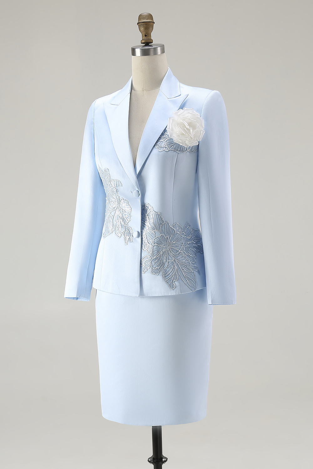 Blue 2 Pieces Satin Midi Mother of the Bride Dress Suit with Embroidery