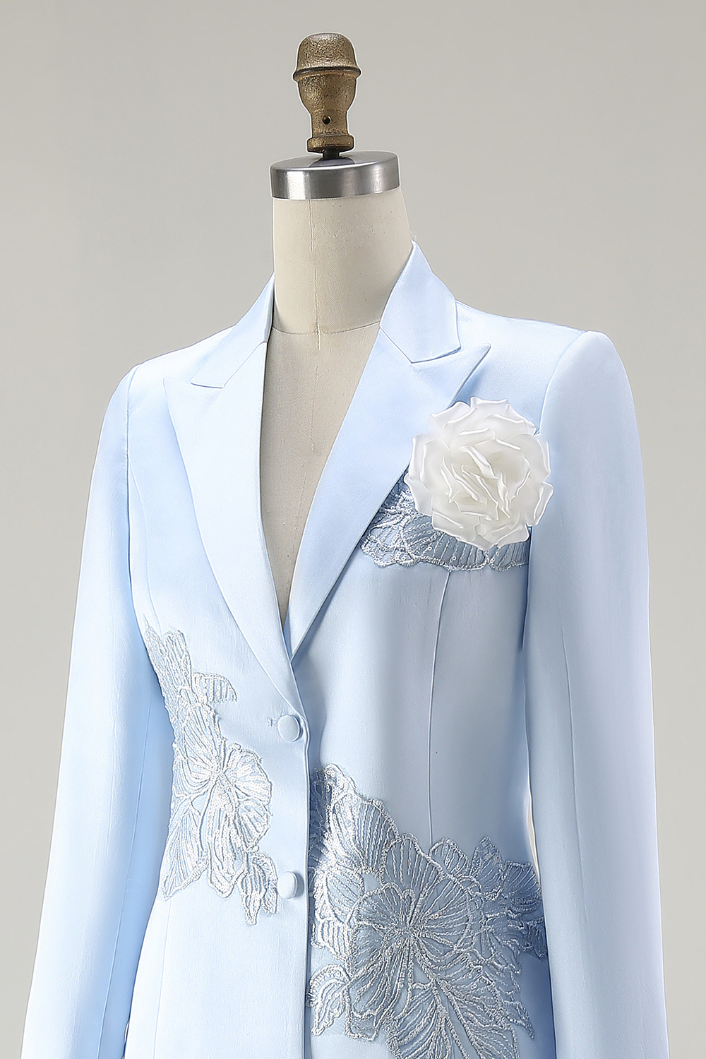 Blue 2 Pieces Satin Midi Mother of the Bride Dress Suit with Embroidery