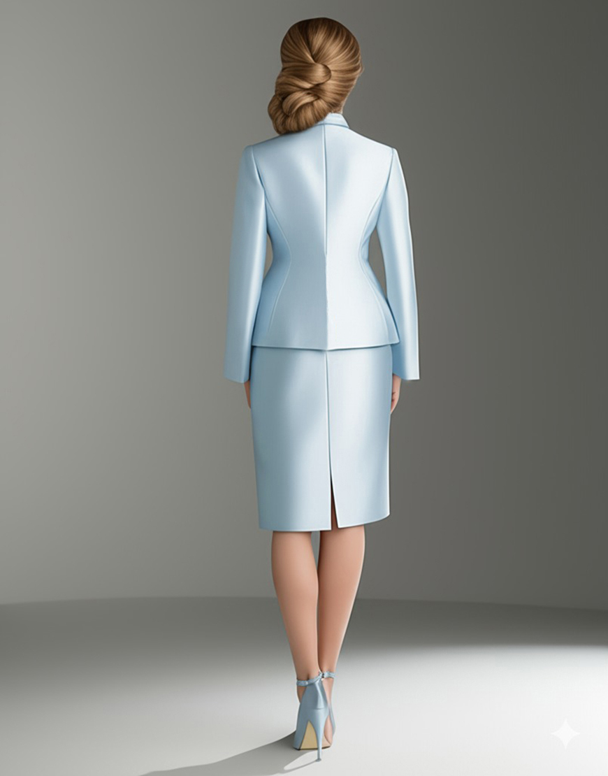 Satin Blue 2 Pieces Midi Mother of the Bride Dress Suit with Embroidery