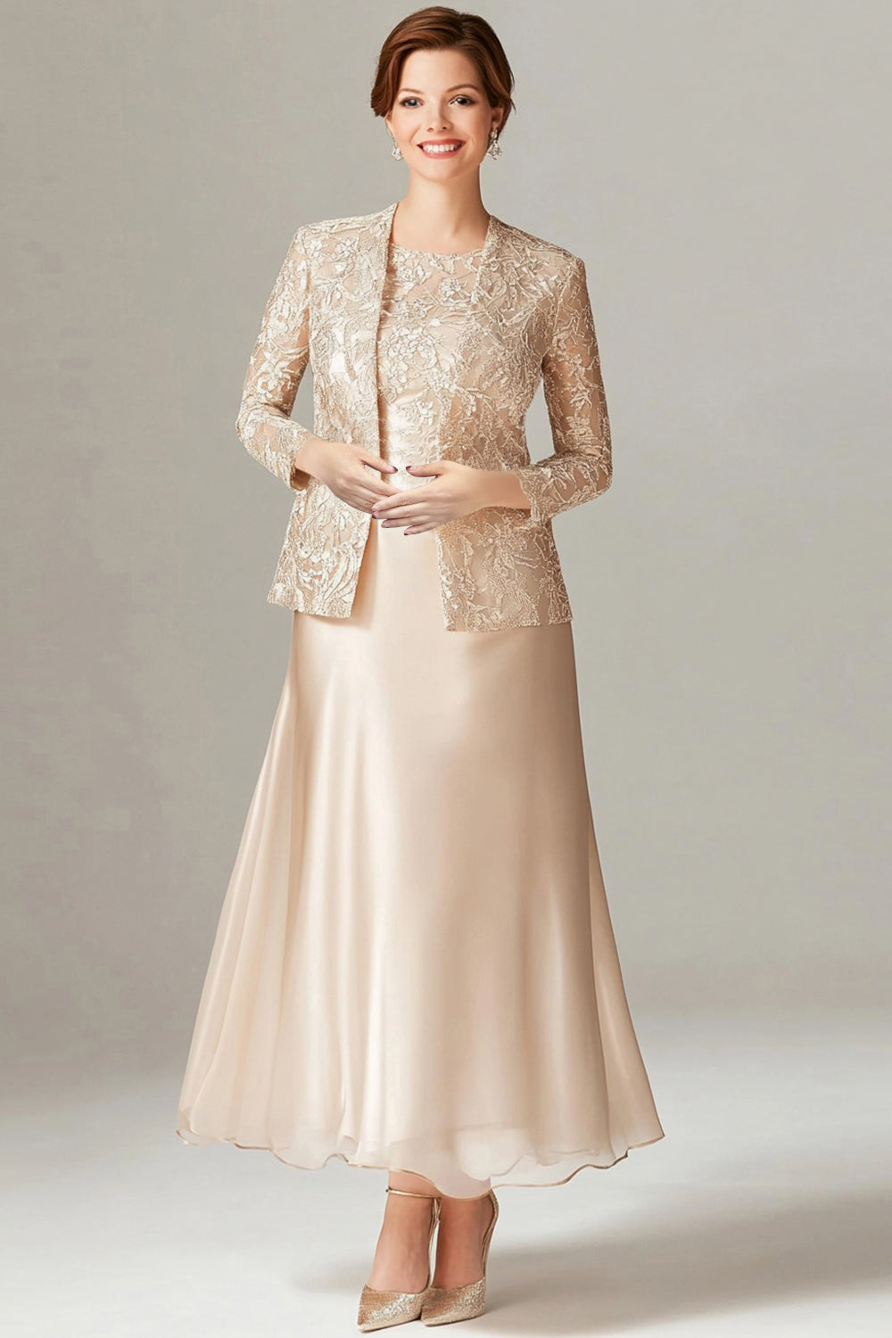 Champagne A-Line Mother of the Bride Dress with Lace Jacket
