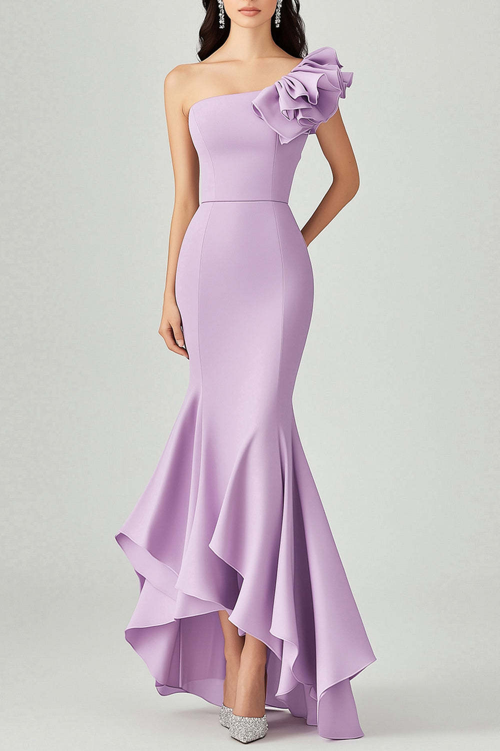 Leely Women Lilac Formal Dress Sloping Shoulder Mermaid Ruffles Sleeveless Satin Formal Wear Dress