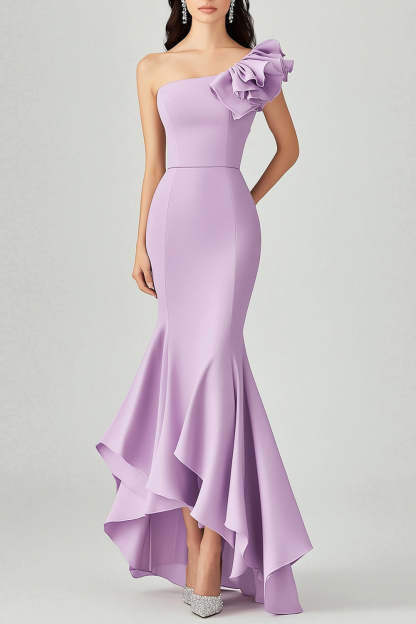 Leely Women Lilac Formal Dress Sloping Shoulder Mermaid Ruffles Sleeveless Satin Formal Wear Dress