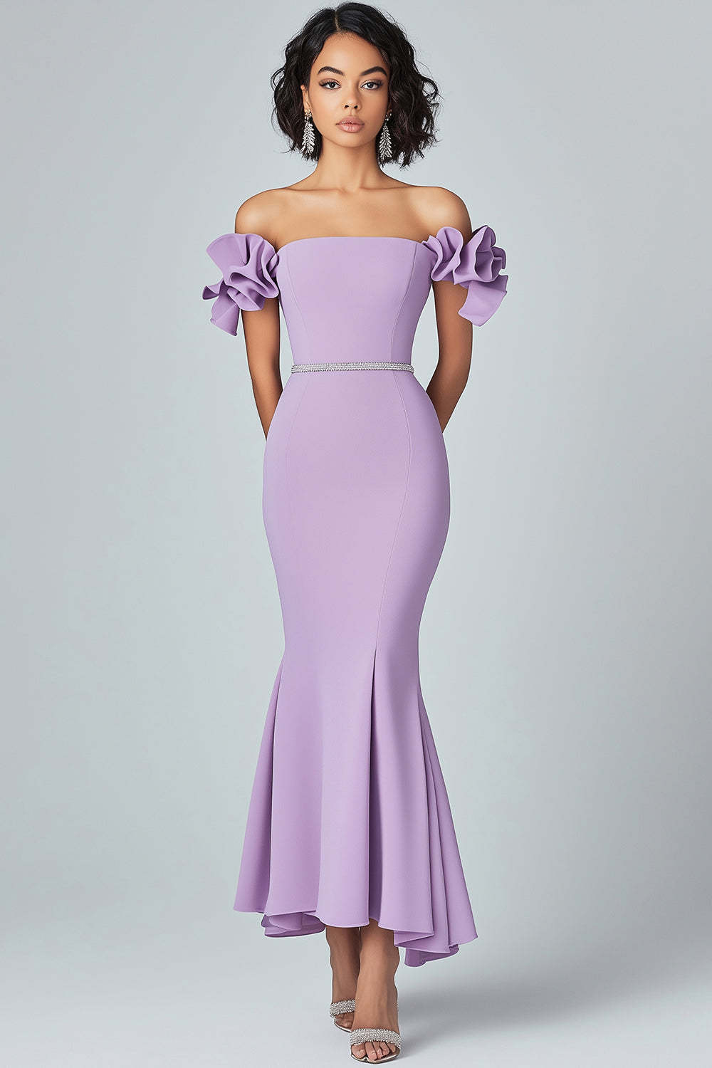 Leely Women Lilac Formal Dress Mermaid Off The Shoulder Ruffles Satin Formal Wear Dress