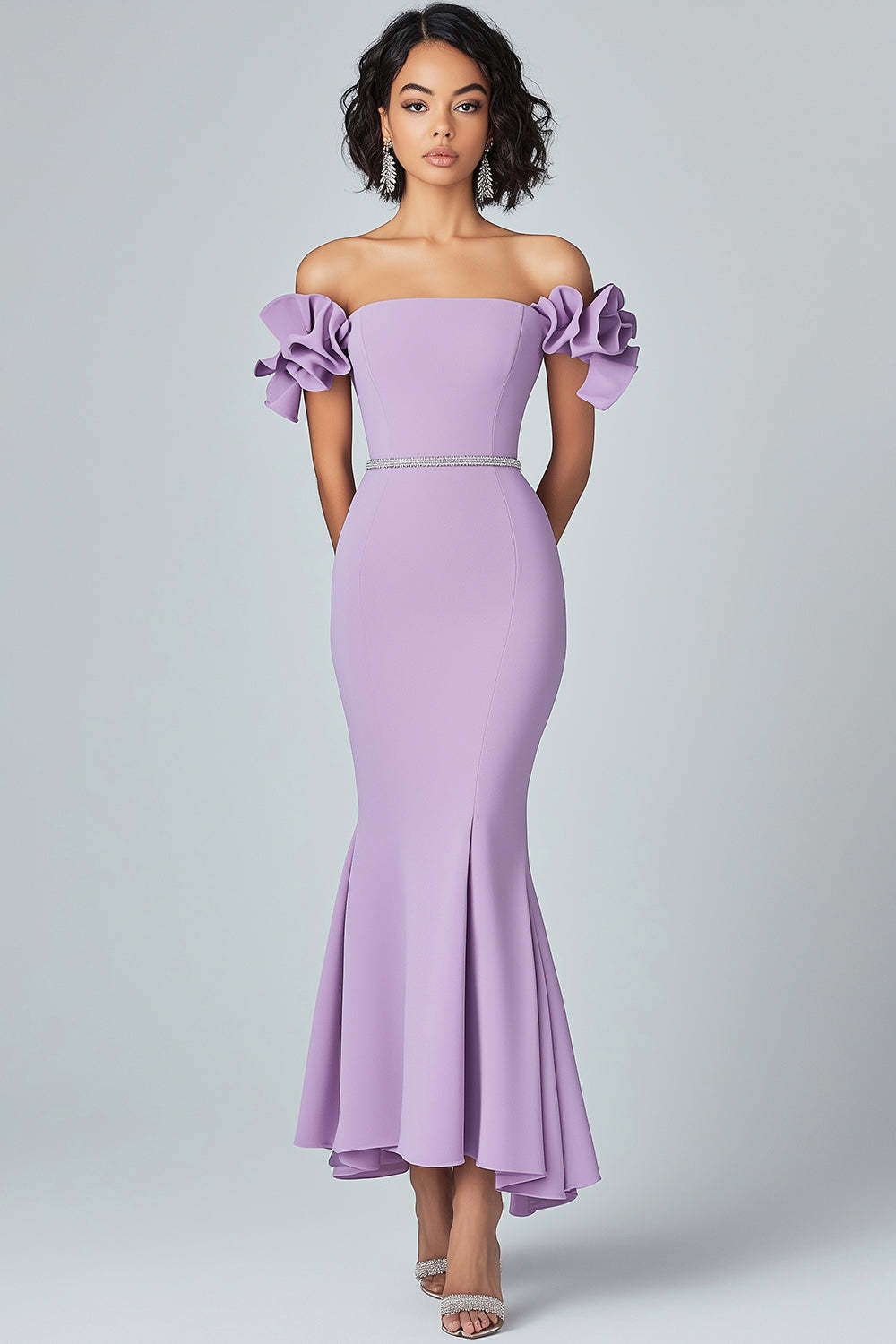 Leely Women Lilac Formal Dress Mermaid Off The Shoulder Ruffles Satin Formal Wear Dress