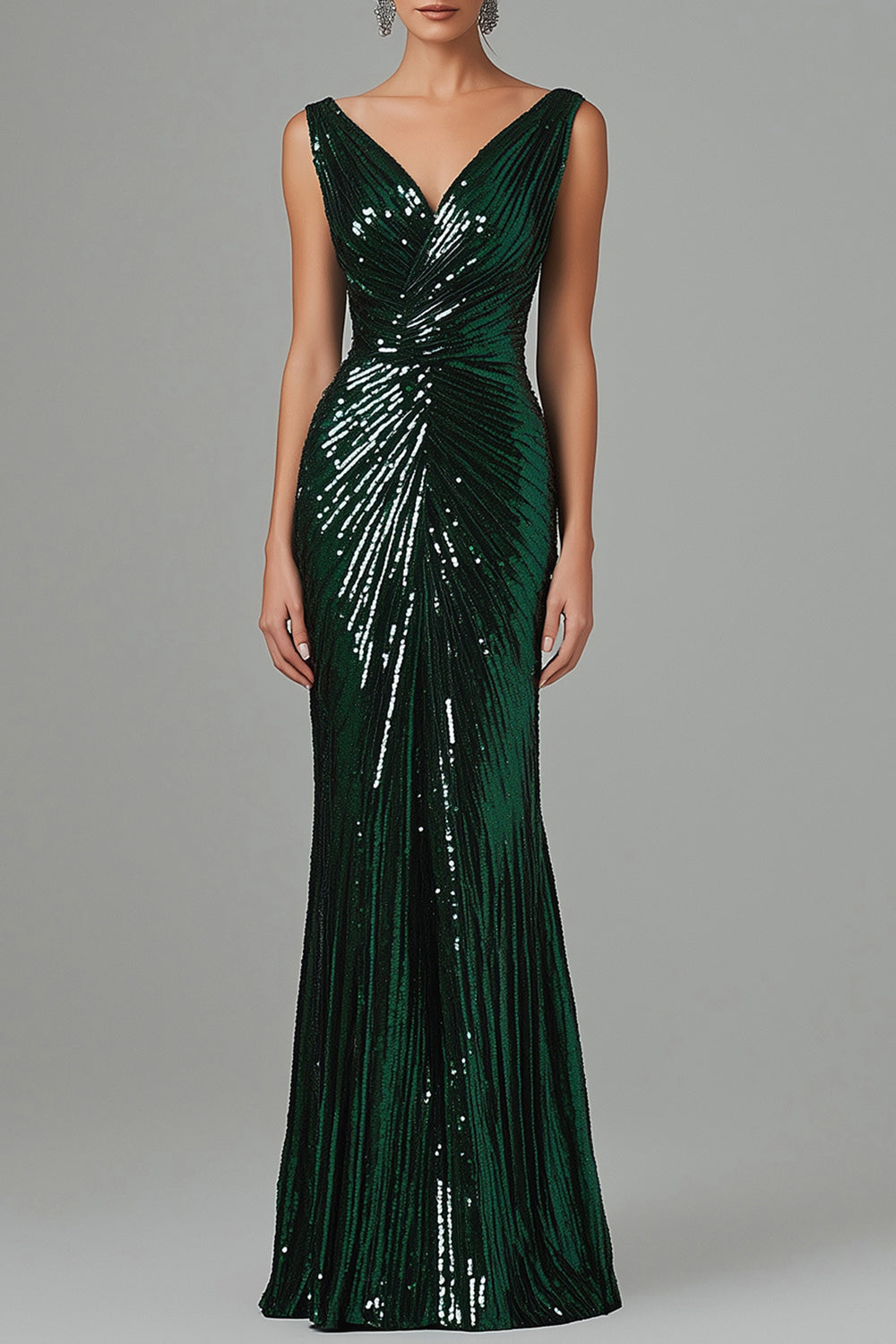 Leely Women Dark Green V-Neck Maxi Formal Dress Sequined Sheath Evening Gala Dress