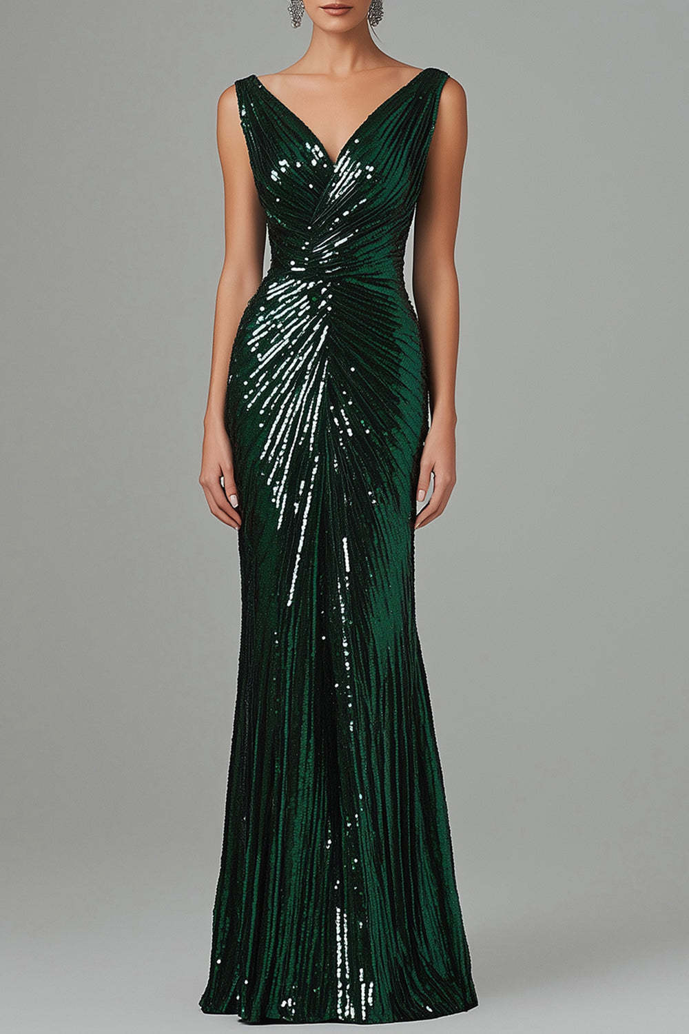 Leely Women Dark Green V-Neck Maxi Formal Dress Sequined Sheath Evening Gala Dress