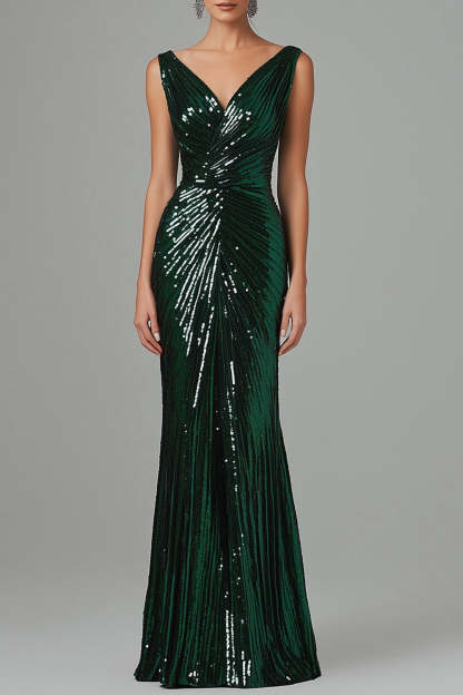Leely Women Dark Green V-Neck Maxi Formal Dress Sequined Sheath Evening Gala Dress