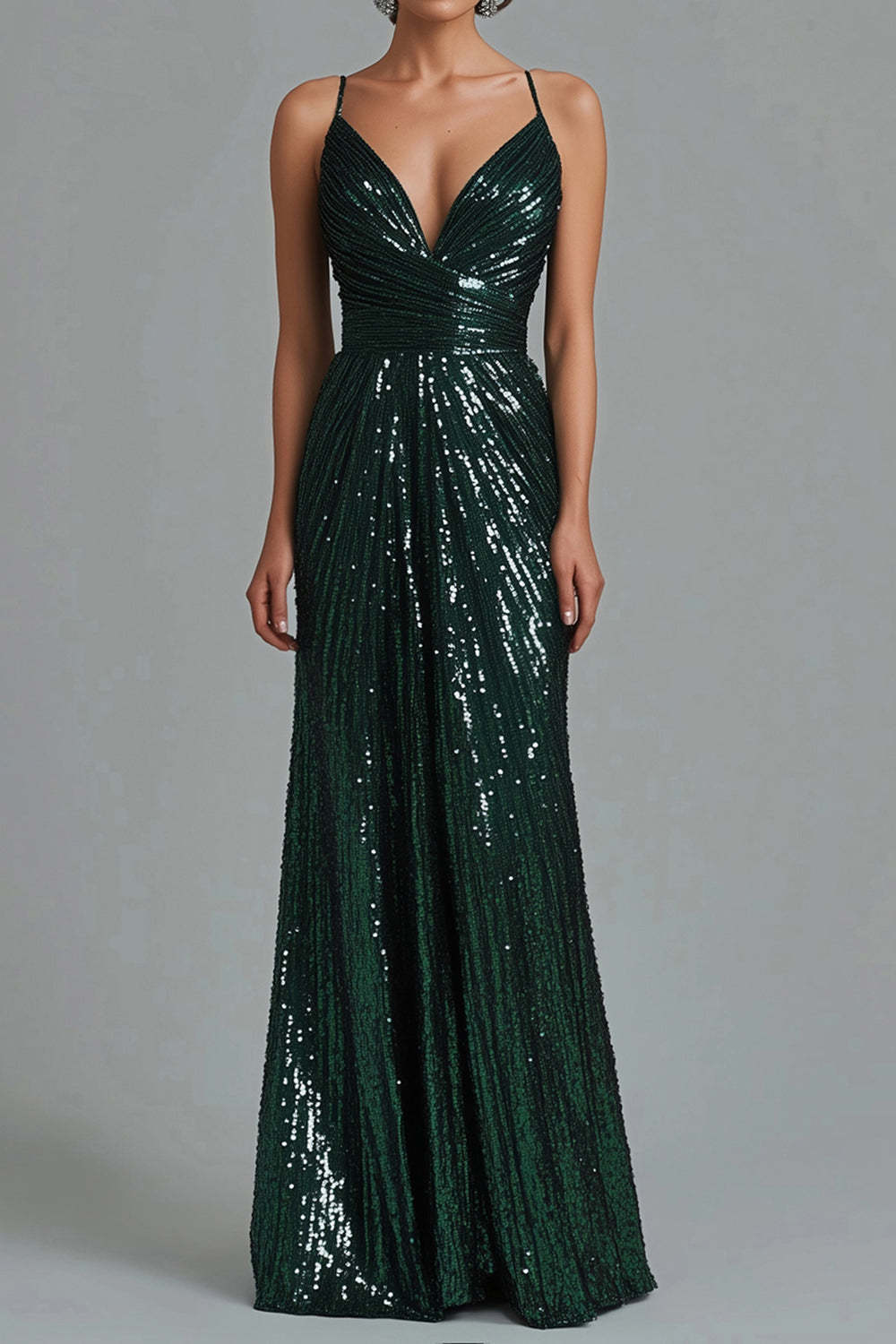 Leely Women Dark Green Spaghetti Straps V-Neck Formal Dress Sequined Maxi Gala Dress