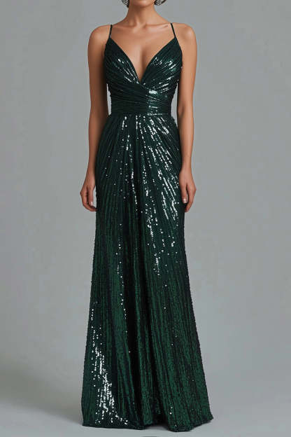 Leely Women Dark Green Spaghetti Straps V-Neck Formal Dress Sequined Maxi Gala Dress