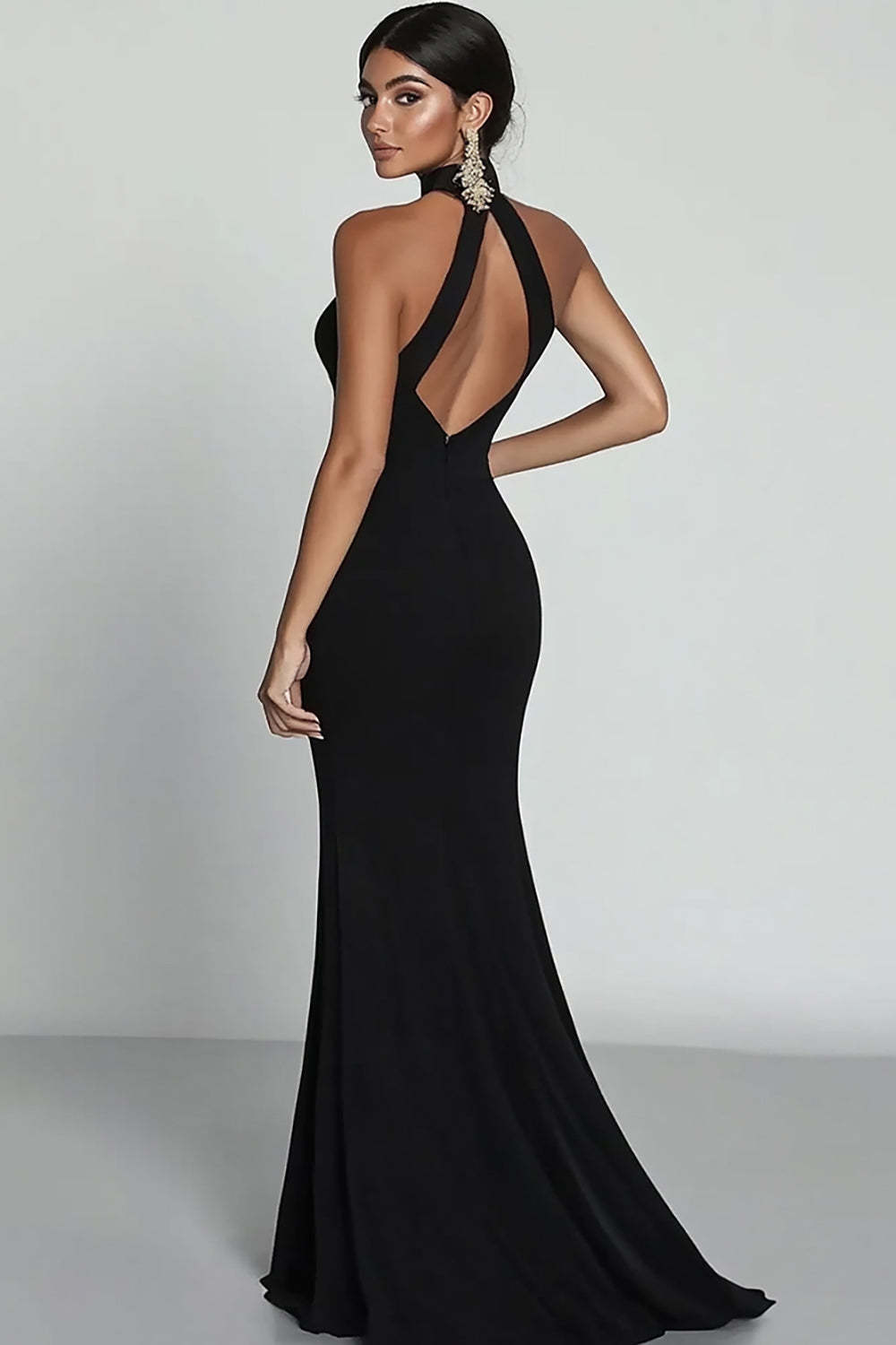 Black Mermaid Plus Size Halter Neck Satin Formal Dress