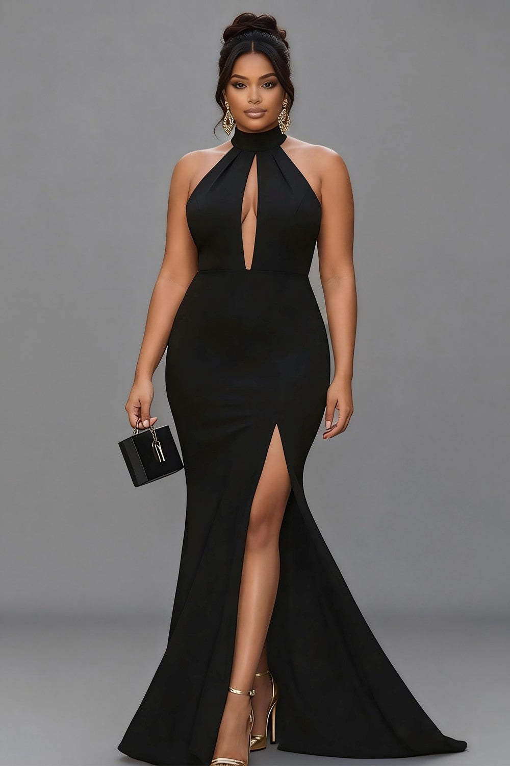 Leely Women Black Plus Size Formal Dress With Slit Mermaid Halter Neck With Hook Satin Black Tie Dress