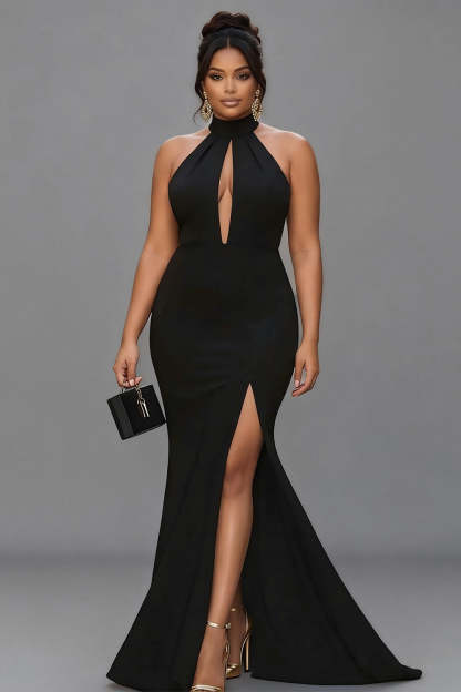 Leely Women Black Plus Size Formal Dress With Slit Mermaid Halter Neck With Hook Satin Black Tie Dress