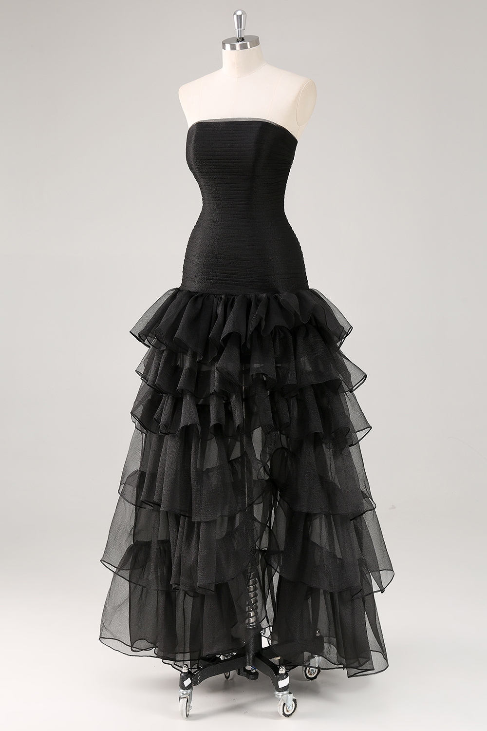 Strapless Black Tulle Tiered Ruffles Formal Dress with Slit