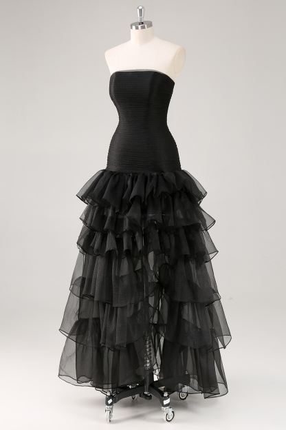 Strapless Black Tulle Tiered Ruffles Formal Dress with Slit