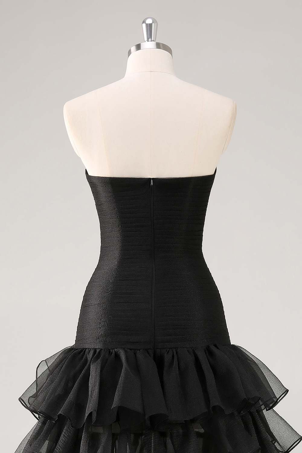 Strapless Black Tulle Tiered Ruffles Formal Dress with Slit