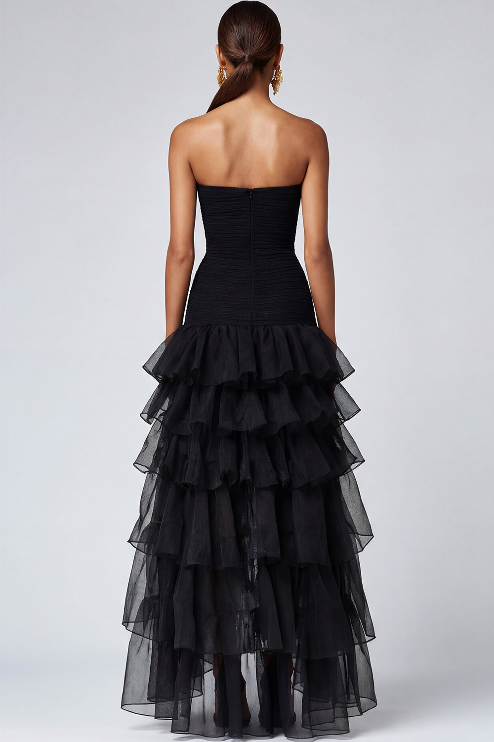 Strapless Black Tulle Tiered Ruffles Formal Dress with Slit
