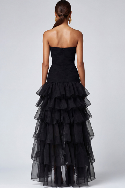 Strapless Black Tulle Tiered Ruffles Formal Dress with Slit