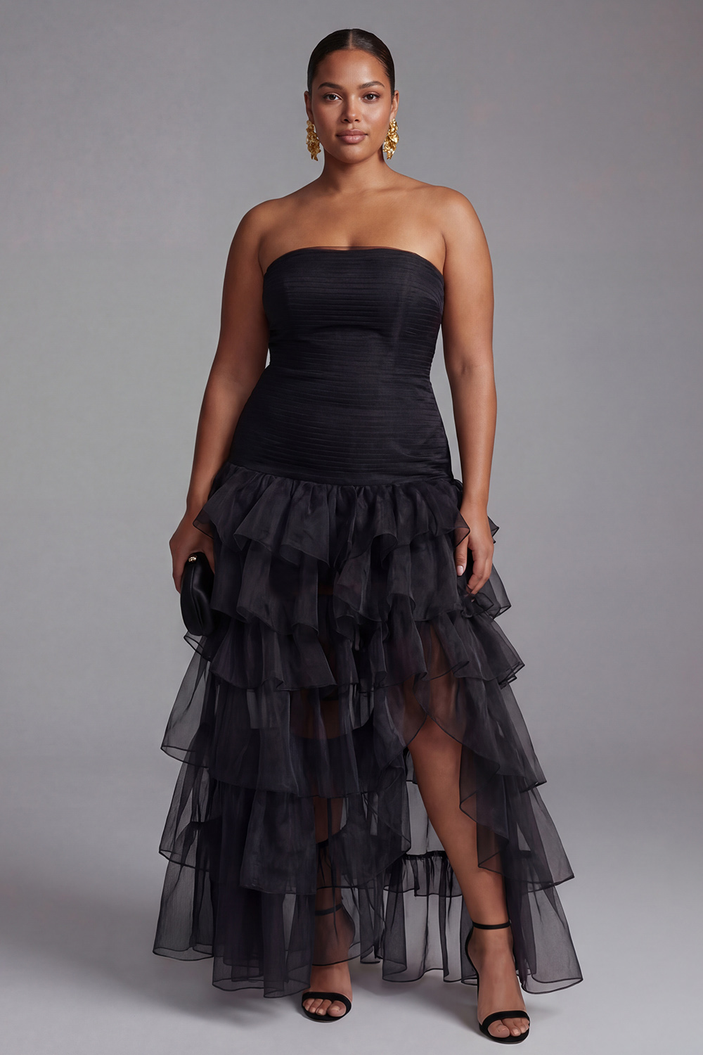 Strapless Black Tulle Tiered Ruffles Formal Dress with Slit