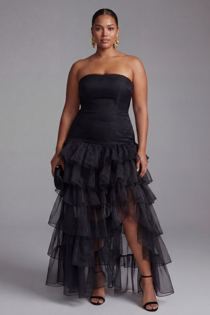 Strapless Black Tulle Tiered Ruffles Formal Dress with Slit