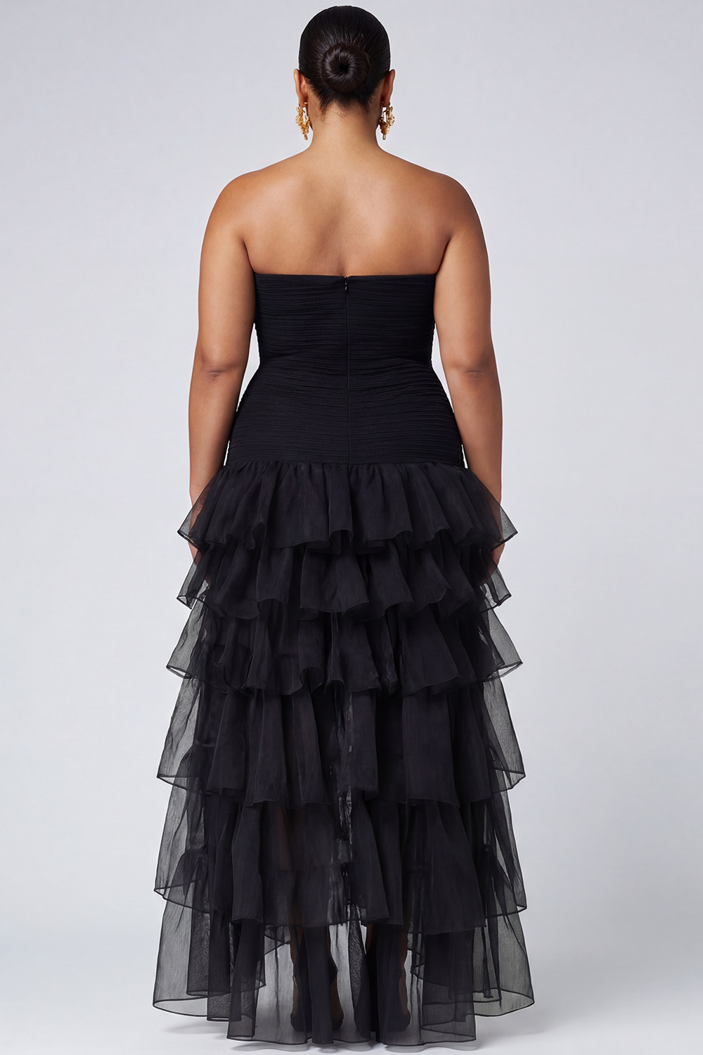 Strapless Black Tulle Tiered Ruffles Formal Dress with Slit