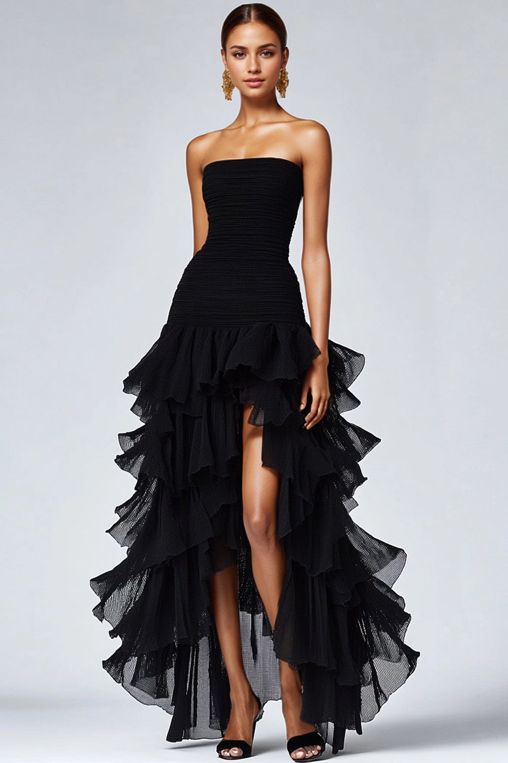 Leely Women Black Formal Dress With Slit Strapless Tulle Tiered Ruffles Formal Wear Dress
