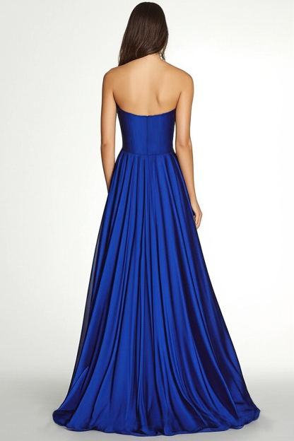 Royal Blue Pleated Asymmetric Chiffon Strapless Maxi A Line Formal Dress