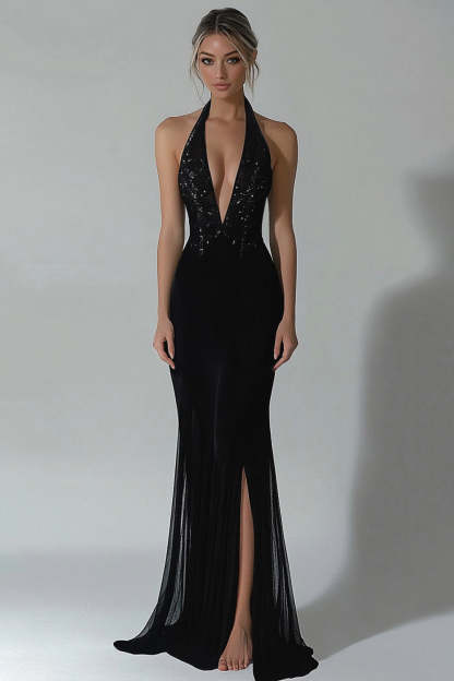 Leely Women Black Halter Mermaid Formal Dress with Slit V-Neck Chiffon Evening Gala Dress with Sequins