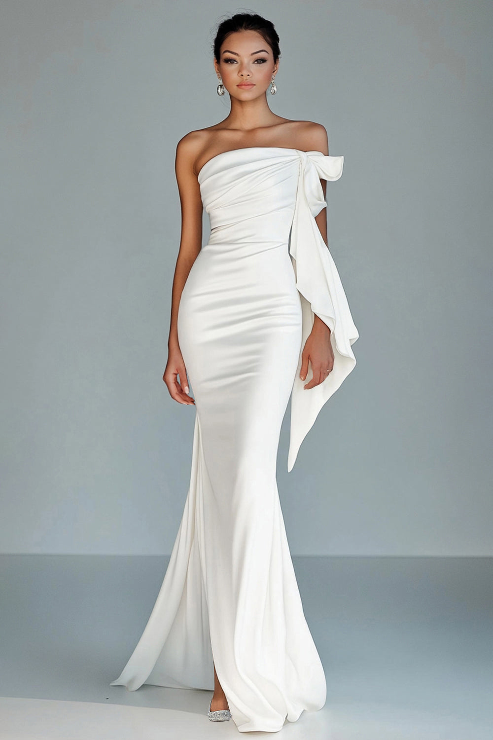 Leely Women White Strapless Mermaid Formal Dress Ruffled Maxi Gala Dress with Slit