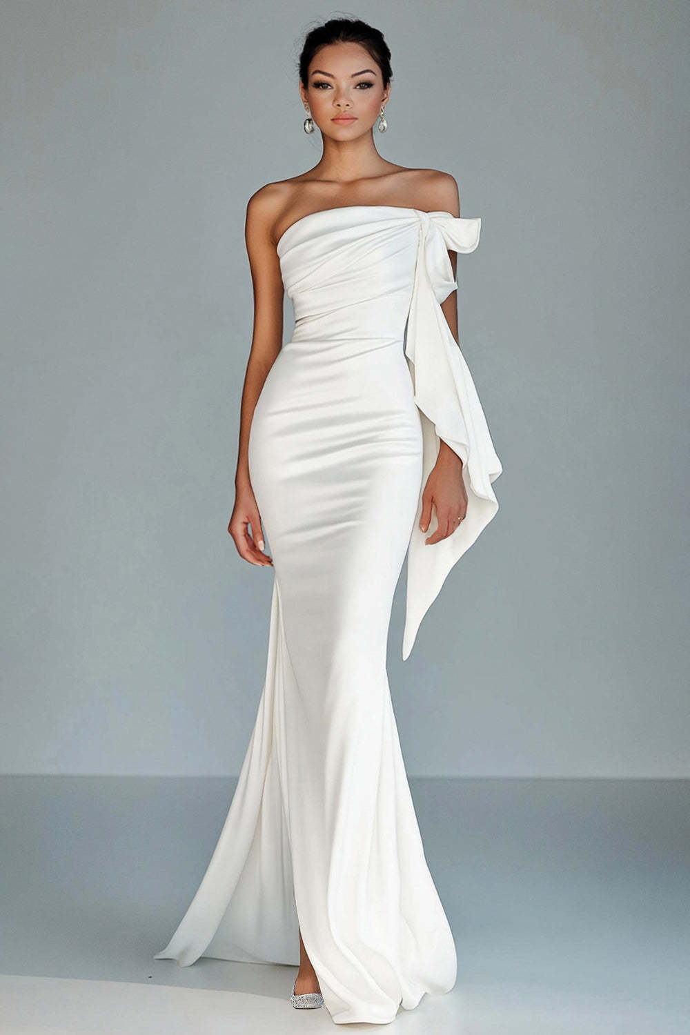 Leely Women White Strapless Mermaid Formal Dress Ruffled Maxi Gala Dress with Slit