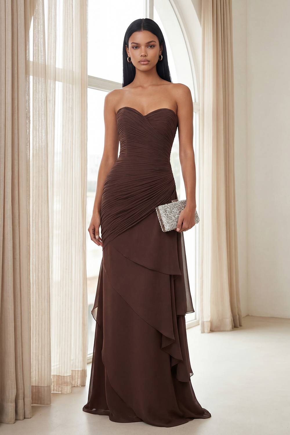 Strapless Dark Brown Sweetheart Ruched Sheath Formal Dress