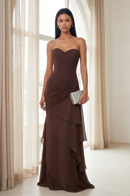 Strapless Dark Brown Sweetheart Ruched Sheath Formal Dress