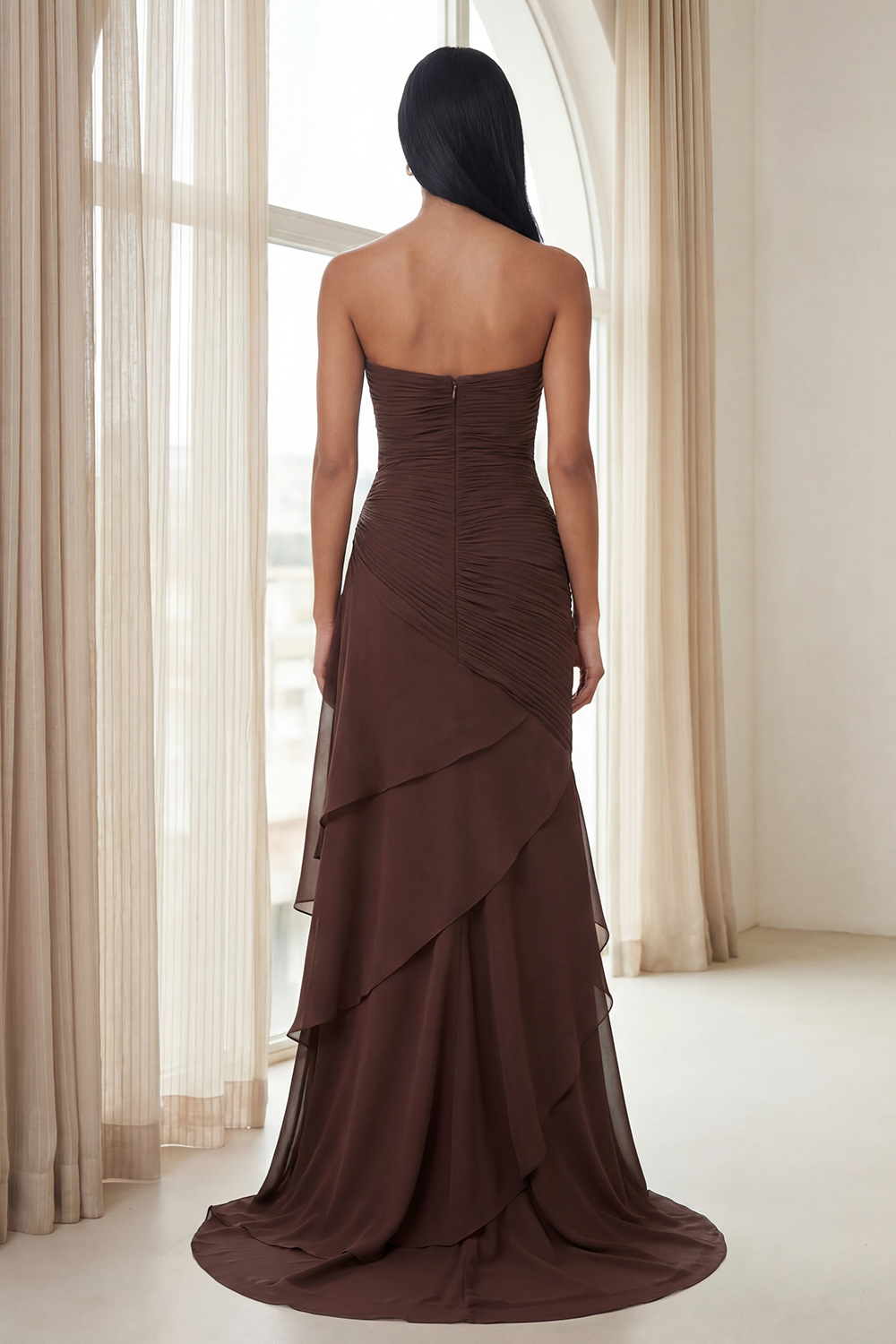 Strapless Dark Brown Sweetheart Ruched Sheath Formal Dress