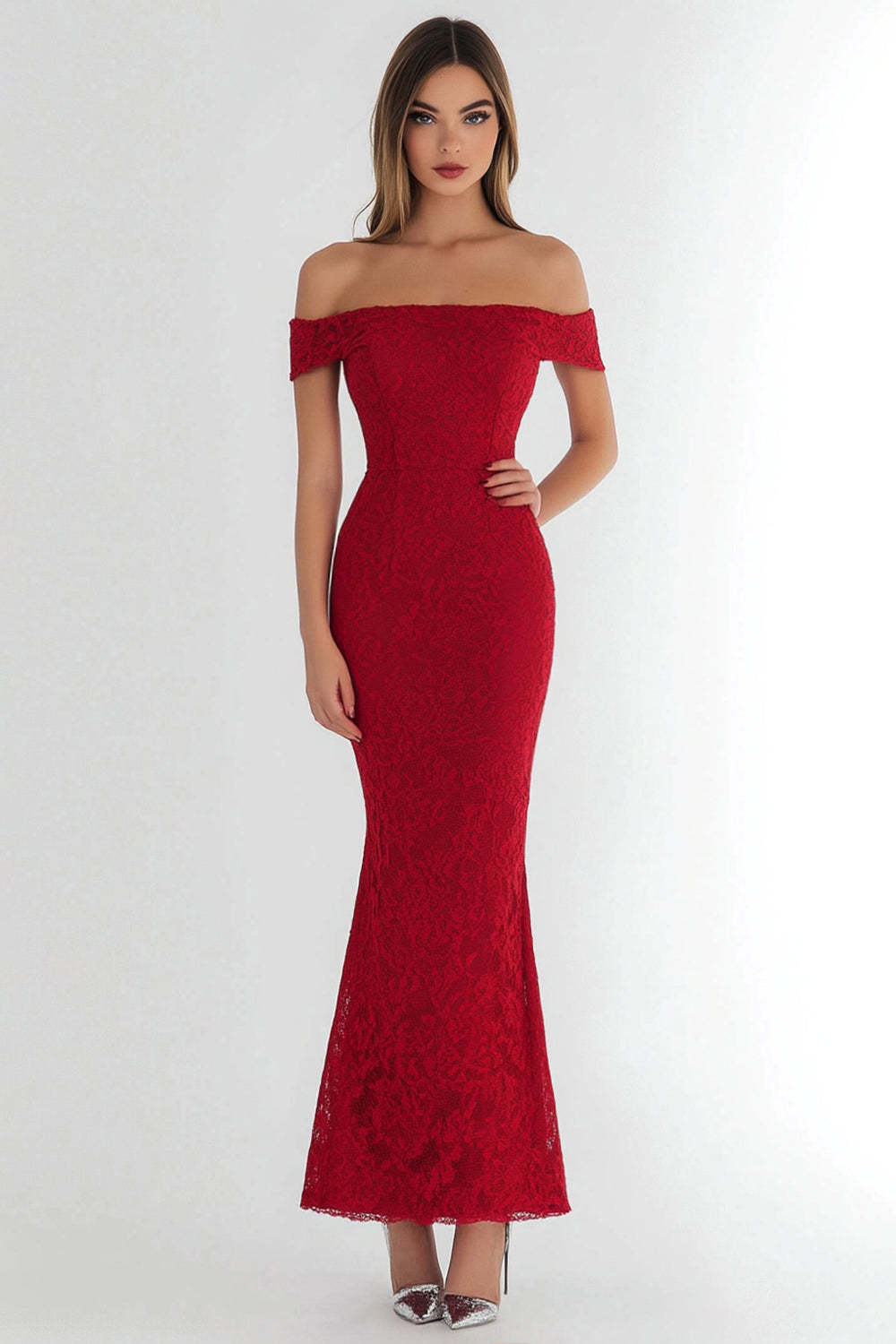 Leely Women Red Lace Off the Shoulder Prom Dress Mermaid Long Party Dress