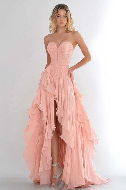 Leely Women Pink Chiffon Ruffled Long Prom Dress Sweetheart A Line Evening Dress
