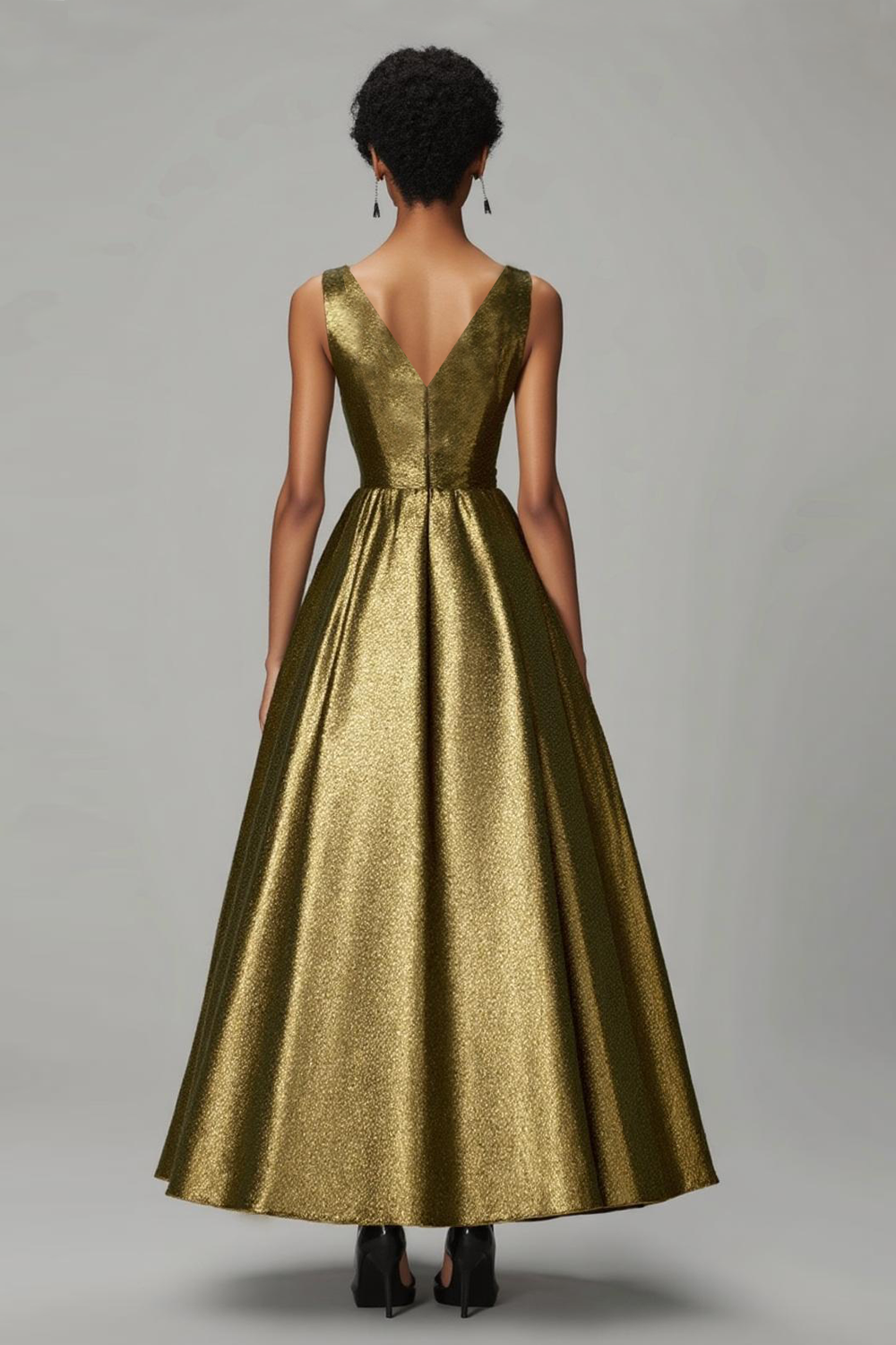 Dark Gold Metallic V-Neck Pleated A-Line Formal Dress