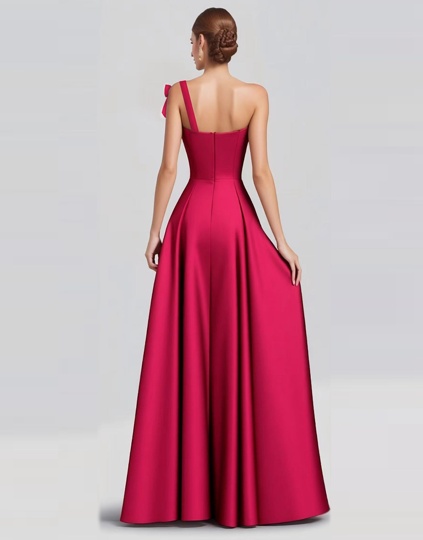 Fuchsia Ball Gown One shoulder Satin Formal Dress with Bow
