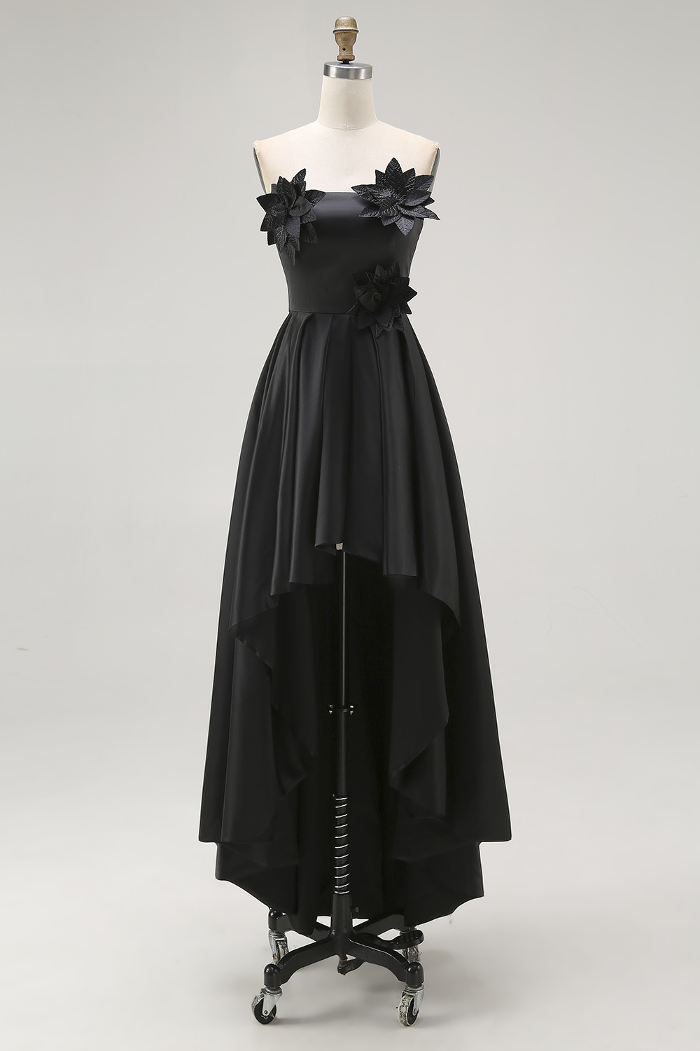 A-Line Black High Low Applique Satin Formal Dress